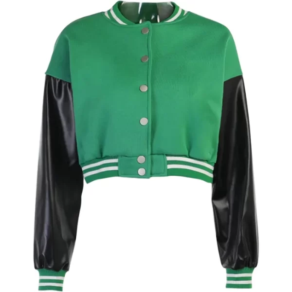 Womens Plain Green Black Wool Cropped Letterman Varsity Jacket