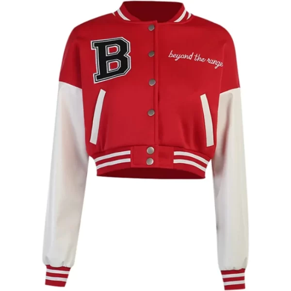 Womens Red White B Cropped Letterman Varsity Jacket