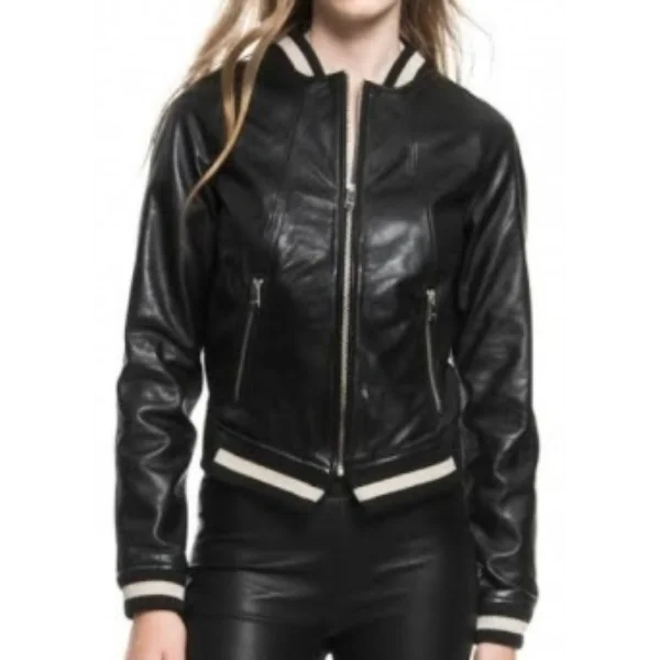 Dare Me S1 E3 Colette French Black Leather Bomber Jacket crop