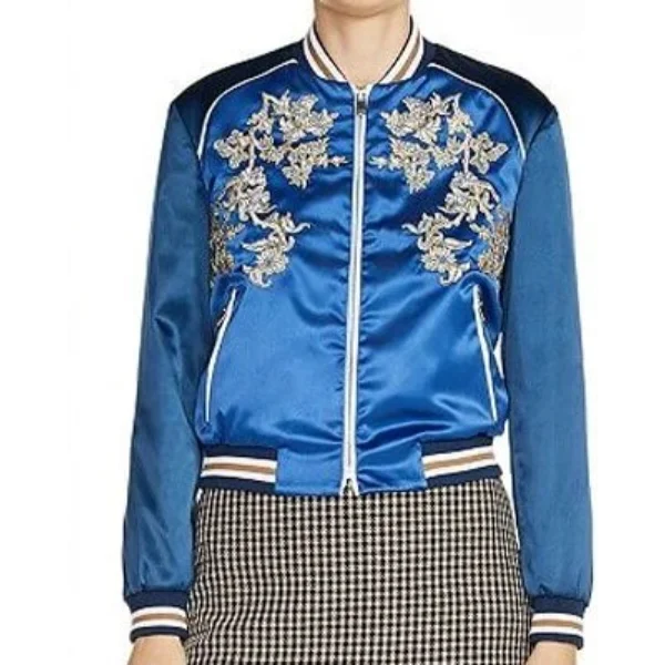 Grown ish S2 E10 Zoey Johnson Blue Embroidered Bomber Jacket crop