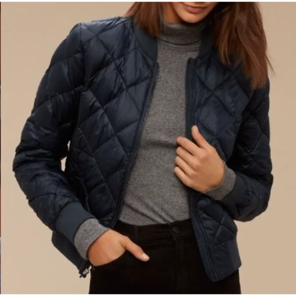 Reverie S1 E1 Mara Kint Navy Blue Quilted Bomber Jacket crop