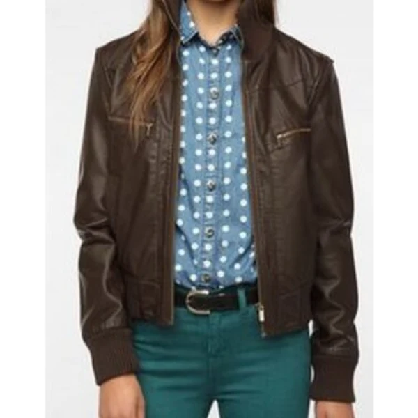 Pretty Little Liars S6 E5 Sara Harvey Brown Leather Bomber Jacket crop