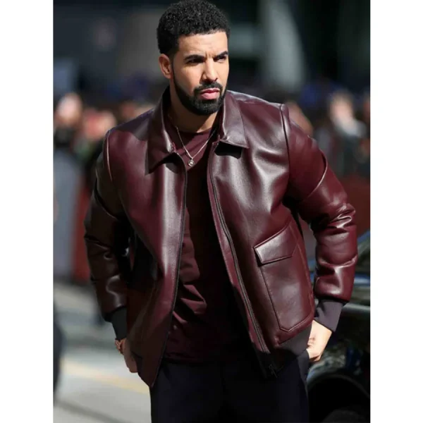 Drake Maroon Leather Bomber Jacket