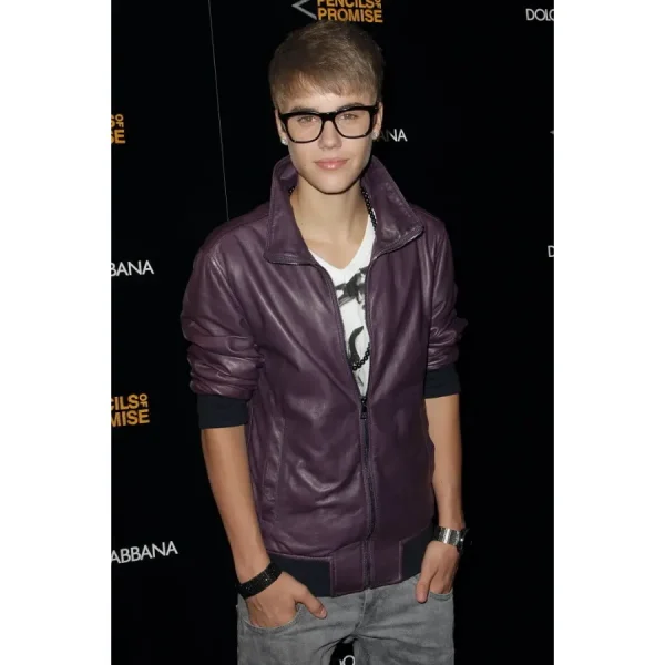 Justin Bieber Premiere Purple Leather Bomber Jacket