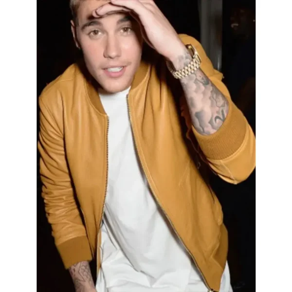 Justin Bieber Tan Brown Leather Bomber Jacket